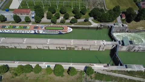 Top down view of the ship lock at a hydropower plant with a cruise ship Stock Footage 340776398