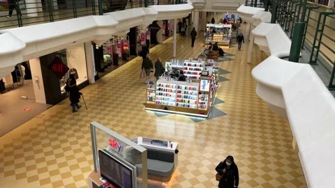 Top-down view of shoppers and stands, Whitgift Centre, Croydon, 4K Stock Footage 171408943