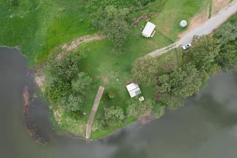 Top Down View Of Shore Of Middle Creek Dam Queensland Stock Photos