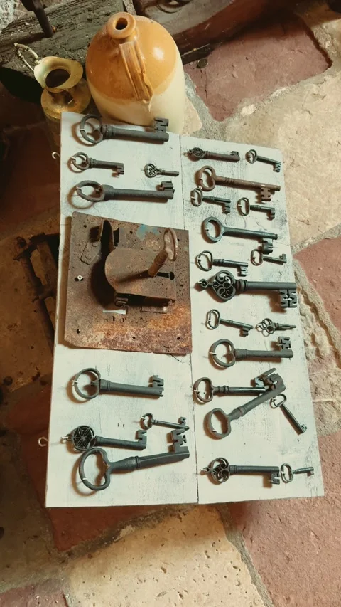 Top down view shot of various antique lock keys ancient style historical doors Stock Footage 346455390
