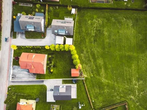Top down view small backyard of family homes in the suburbs Stock Photos