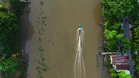 Top Down View Of Small Boat Splitting The River With White Wakes Stock Footage 340454884