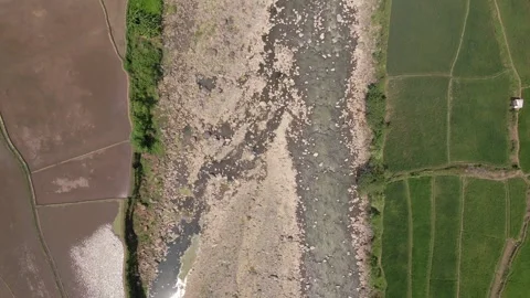 Top down view of small water stream on the big rocky river during dry season Stock Footage 251120973