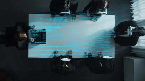 Top down view of smart business team wear vr and coding prompt. Directorate. Stock Footage 273015394
