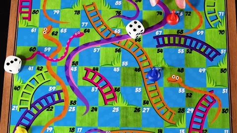 Top Down View of Snakes and Ladders Board Game with Rolling Dice Stock Footage 326865408