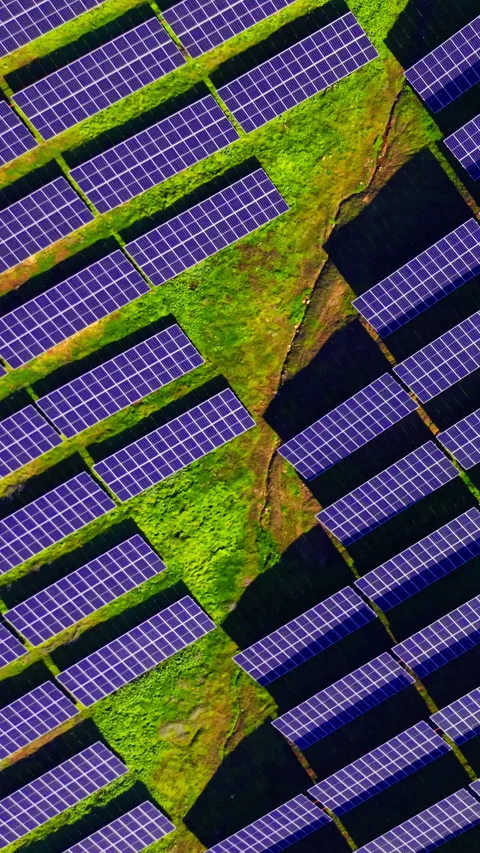 Top down view of solar panels on green grass Vertical video. Stock Footage 332347063