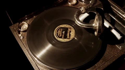 Top down view of spinning record on vintage gramophone Stock Footage 329595898
