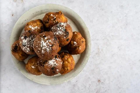 Top down view of a stack of oliebollen (translation: Dutch dough fritters) .. 写真素材