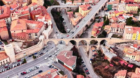Top down view of stone viaduct and city streets Stock Footage 330492780