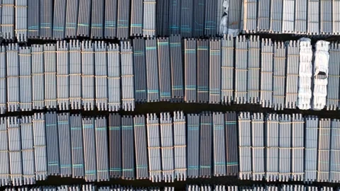 Top down view of a storage of metal or plastic pipes for underground optic .. Video stock 333602616