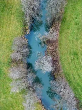Top down view on stream with freezing trees in winter Stock Photos
