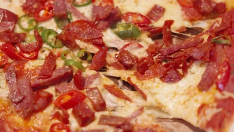 Top Down View of Stringy Cheese Pull of Slice of Pizza with Spicy Meat Toppings Stock Footage 340199287