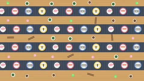 A top down view of a sushi restaurant conveyor belt with various colorful p.. Stockbeeldmateriaal 346981109