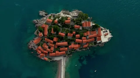 Top down view Sveti stefan island in Montenegro Stock Footage 229583092