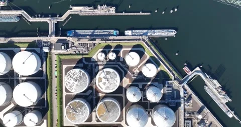 Top down view on a tank fuel port facility infrastructure in the port of Stock Footage 248529435