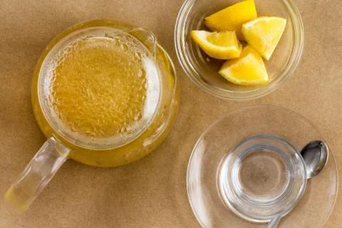 Top down view of tea, lemon and cup Foto stock