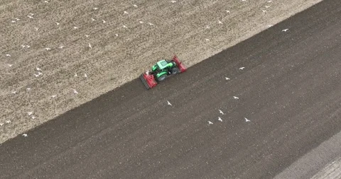 Top down view of a tractor ploughing the land with birds following. Stock Footage 240328942