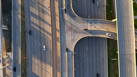 Top down view of traffic moving on highway with several lanes of the roads .. Stock Footage 323427460