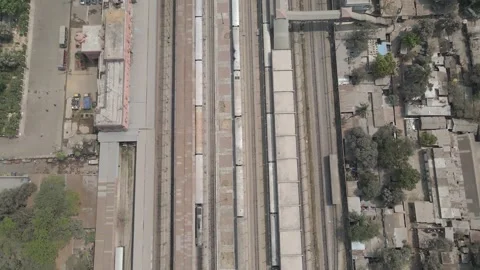 Top Down View of Trains in Train Station Drone Aerial Shot Stock Footage 152852143