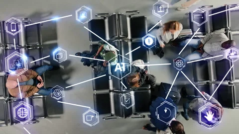 Top down view of travelers sitting in airport optimizing operation using AI, VFX Stock Footage 334935866