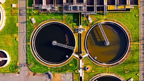 Top down view of twin water treatment tank, Bulgaria Stockbeeldmateriaal 341751968