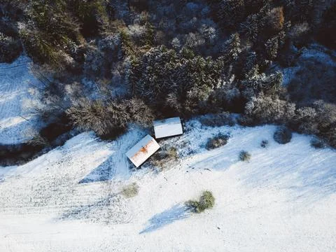 Top down view of two small houses on the edge of a forest, grounds covered in Stock Photos