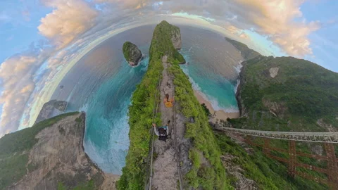 Top Down View of Two Tourists Descending Dangerous Cliff Path Toward Kelingking Stock Footage 337093685