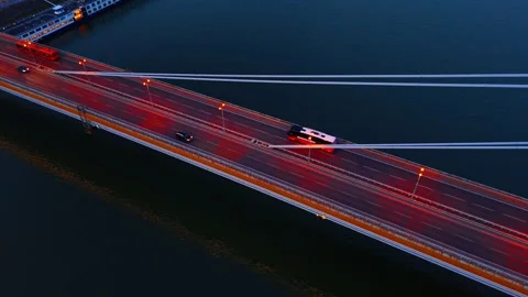Top down view of UFO tower and highway junction. An aerial vertical perspective Stock Footage 338139243