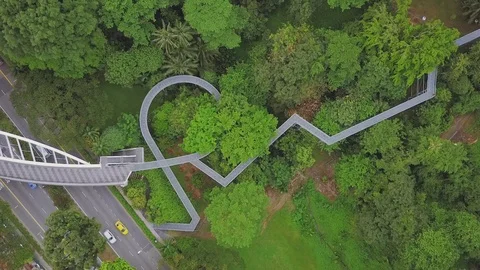 Top-down View Of A Uniquely Shaped Pedestrian Bridge Above A Busy Road Stock Footage 108684274