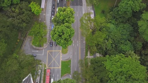 Top-down view of a uniquely shaped pedestrian bridge above a busy road Stock Footage
