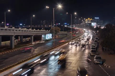 Top down view of Vehicle Traffic at Night near Marine Drive, Mumbai, India Stock Photos