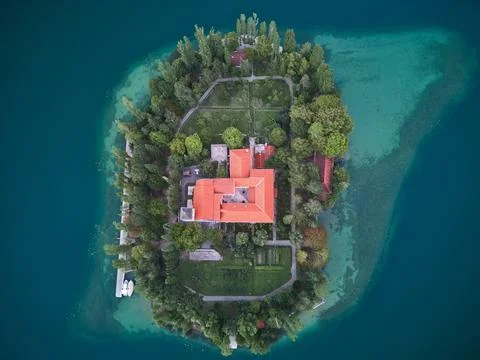 Top-down view of the Visovac Monastery located on the island in Krka Park Stock Photos