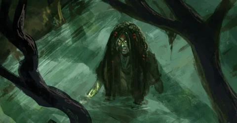 Top down view of a voodoo witch wading through a swamp river - Digital fantas Stock Illustration