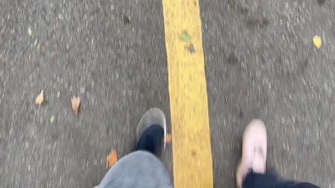 Top-down view Walking on Asphalt with Yellow Line and Leaves Stock Footage 313635304
