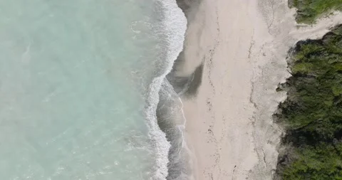 Top down view of waves braking on sandy tropical beach. Aerial seascape Stock Footage 191706066