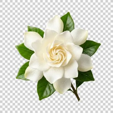 Top down view of white gardenia flower with green leaves on transparent bac.. Stock Photos