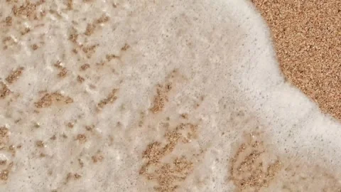 Top-Down View of White Ocean Foam Washing Over Golden Sand Stock Footage 338229340
