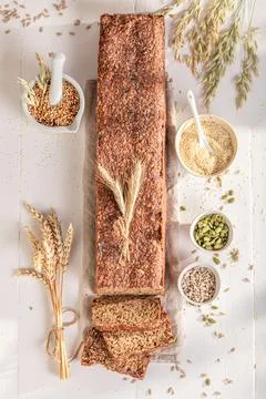 Top down view of wholemeal bread baked in home bakery. Stock Photos