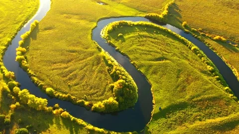 Top down view of a winding river in the wild area. Bird's eye view. Video stock 168528336