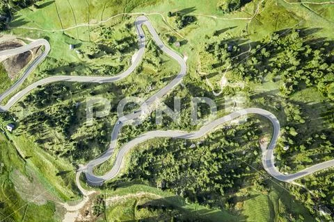 Top down view of winding road at Passo Gardena, Dolomites Stock Photos