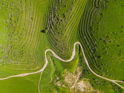 Top down view of winding road on green terrace hill Stock Photos
