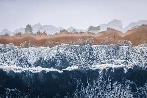 Top down view of winter Baltic sea and snowy beach. Stock Photos