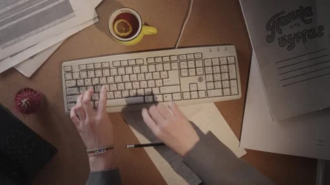 Top-down view of a woman typing on an old white keyboard Stock Footage 296331636