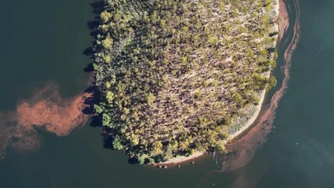 Top-Down View of a Wooded Island in Calm Waters with Sediment Patterns Stock Footage 334310665