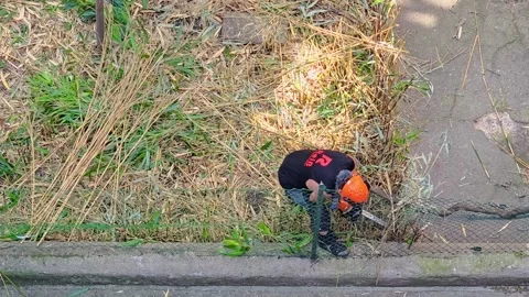 Top-down view of a worker in an orange hard hat and noise-cancelling earmuf.. Stock-Footage 345831802