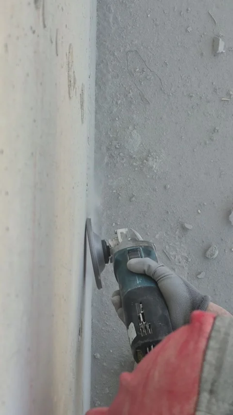 Top down view of worker sanding rough concrete wall Stock Footage 337485051