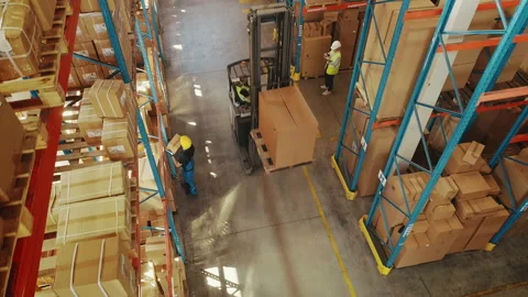 Top Down View Workers Working in Busy Warehouse Stock Footage 141579141