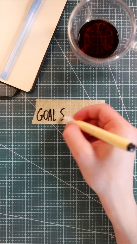 Top down view of writing GOAL SETTING on masking tape with morning coffee Stock Footage 338183725