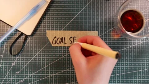 Top down view of writing GOAL SETTING on masking tape with morning coffee. Stock Footage 338183810