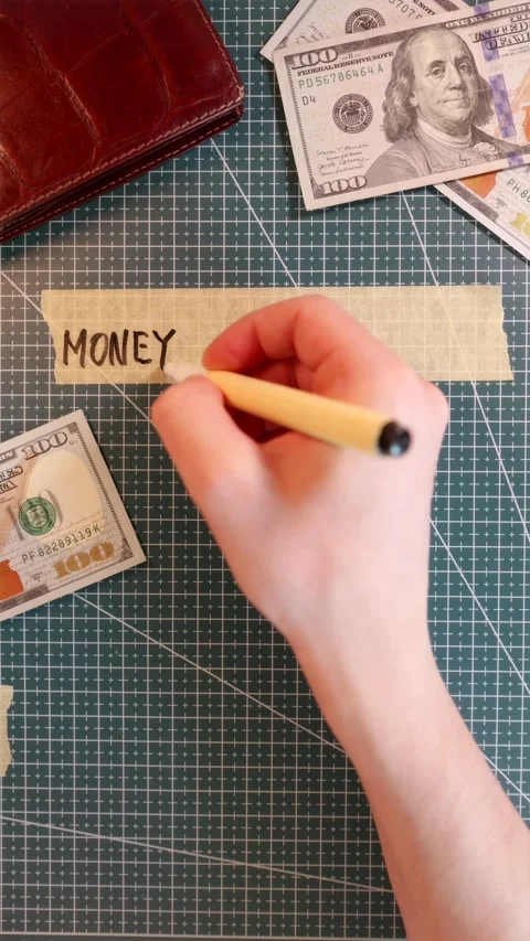 Top down view of writing MONEY MANAGEMENT on tape mockup near dollar bills Stock Footage 338183548